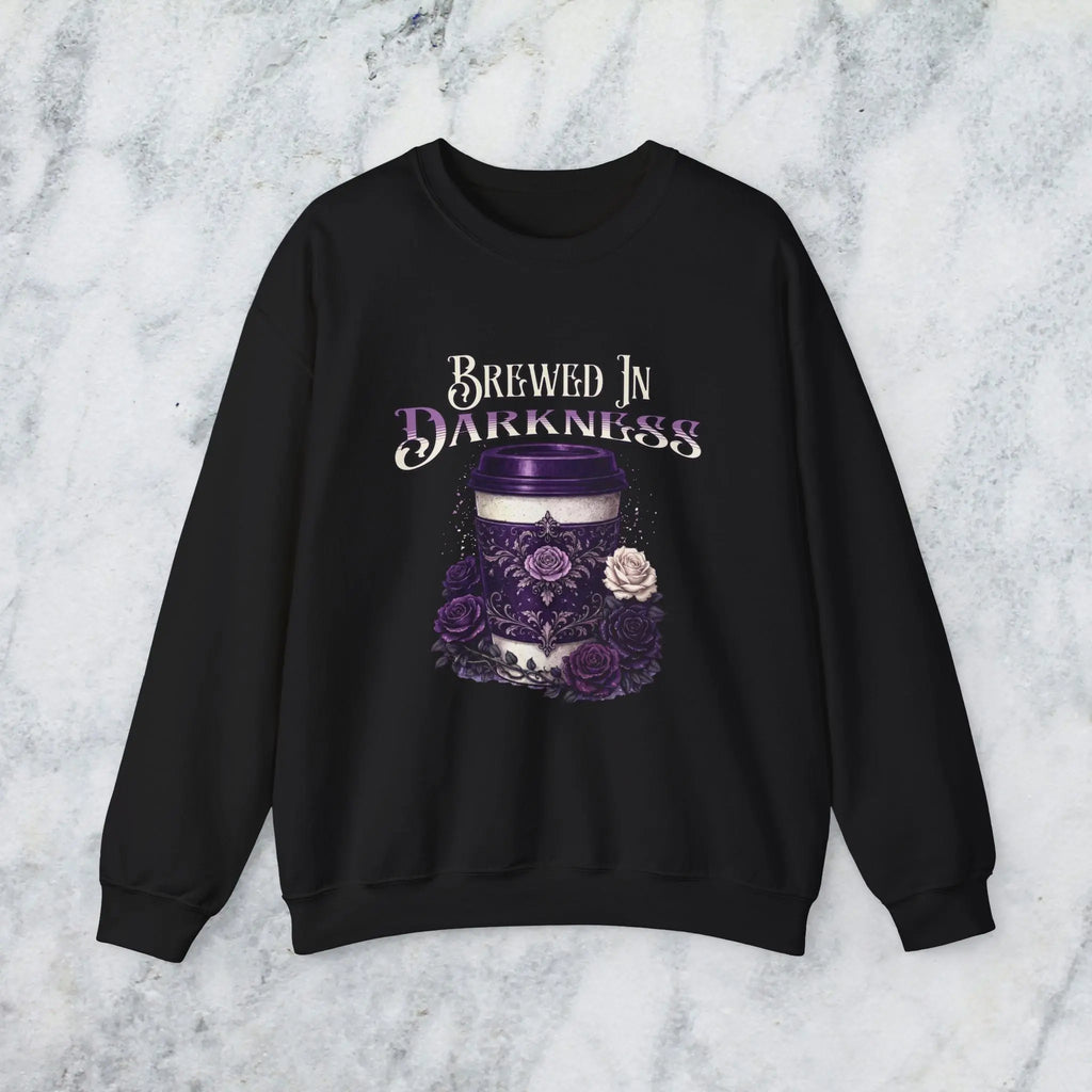 Brewed in Darkness Sweatshirt — Gothic Coffee Cup Graphic Printify