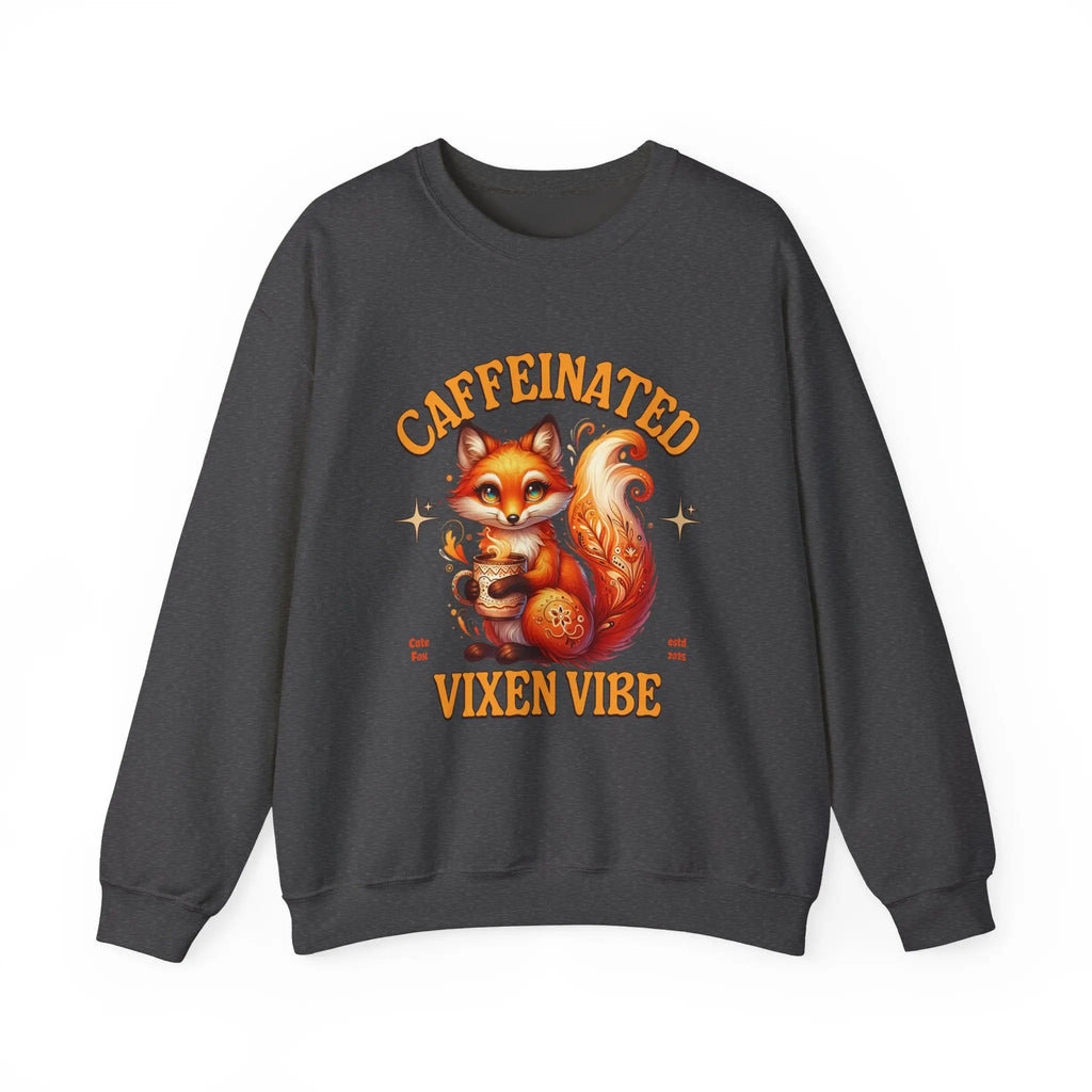 Caffeinated Vixen Vibe Sweatshirt, Cozy Unisex Crewneck for Coffee Lovers, Gift for Birthdays, Fall Fashion, Cute Animal Sweater Printify