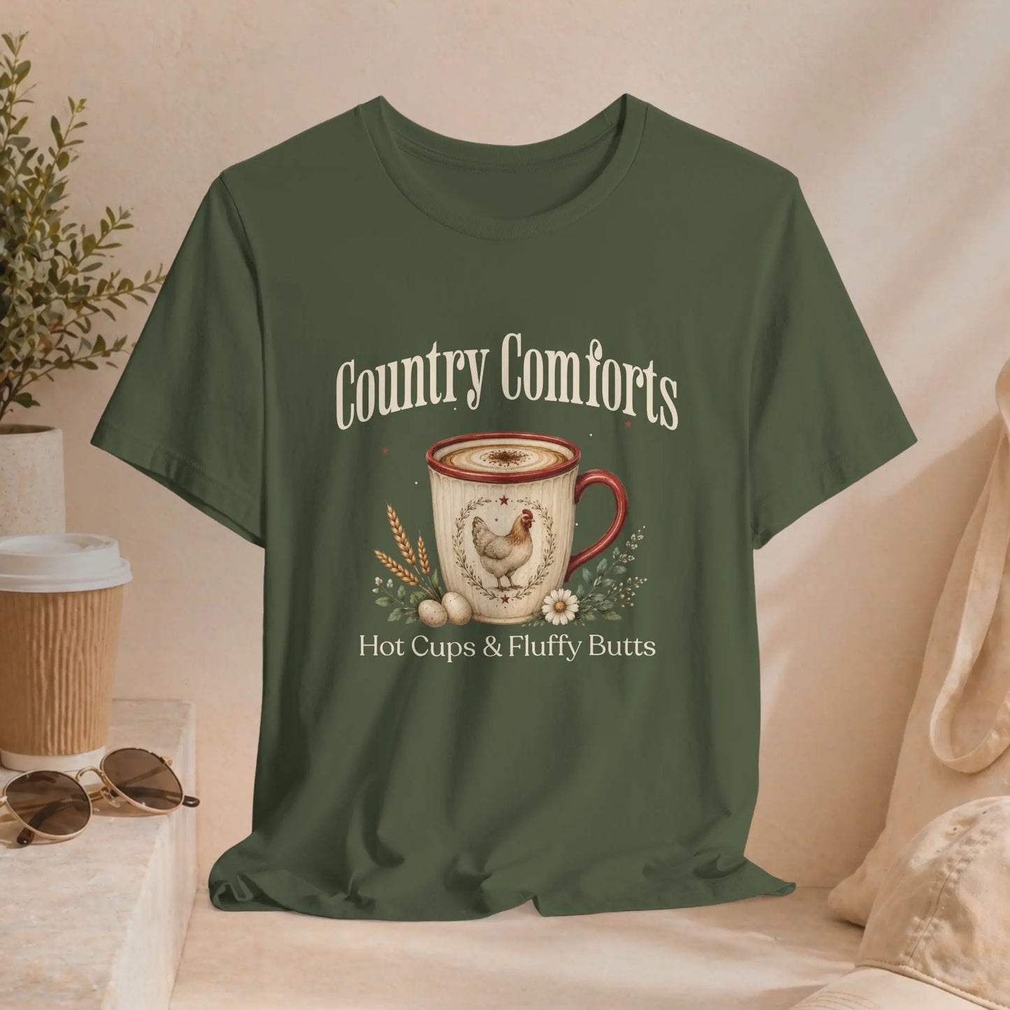 Country Comforts Tee – "Hot Cups & Fluffy Butts" Rustic Farmhouse Coffee Shirt Printify