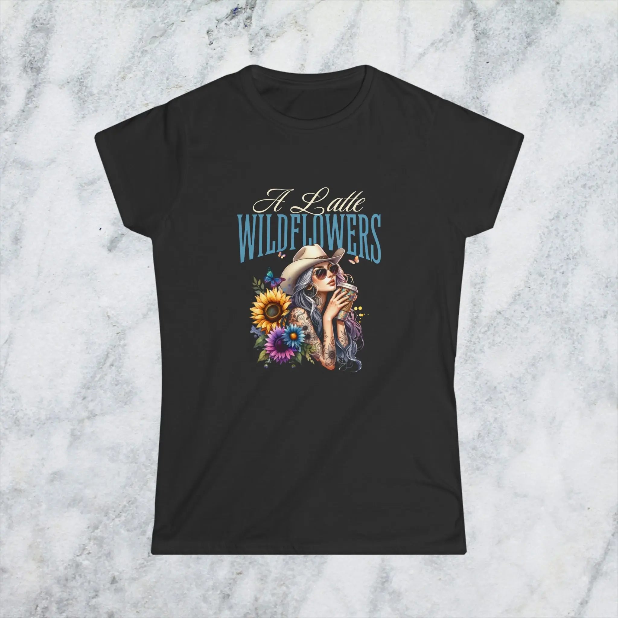 Women's Cowgirl Tee — 'A Latte Wildflowers' Cowboy Hat Coffee Sunflowers Design Printify