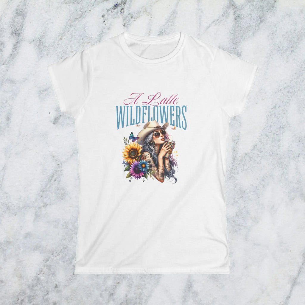 Women's Cowgirl Tee — 'A Latte Wildflowers' Cowboy Hat Coffee Sunflowers Design Printify