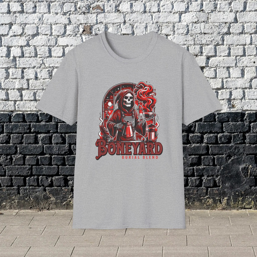 Boneyard Burial Blend T-Shirt – Gothic Coffee Lover Tee for Men, Grim Reaper Espresso Design, Dark Humor Caffeine Gift Shirt Printify