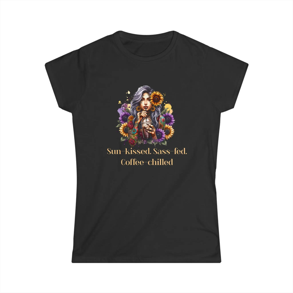 Sun-Kissed Tshirt -  Sass-Fed, Coffee Chilled - Sunflower Tattoo Woman Coffee Tee Printify
