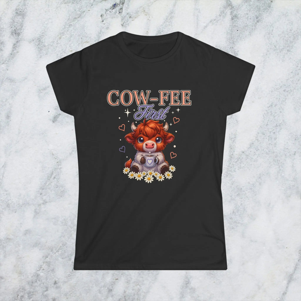 Cute Cow Coffee Tee — "Cow-fee First" Women's Softstyle T-Shirt Printify