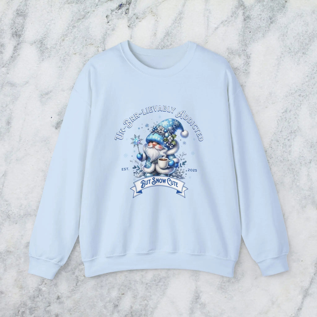 Unbrr-lievalby Addicted Sweatshirt - cute gnome with magic wand holding coffee winter shirt Printify