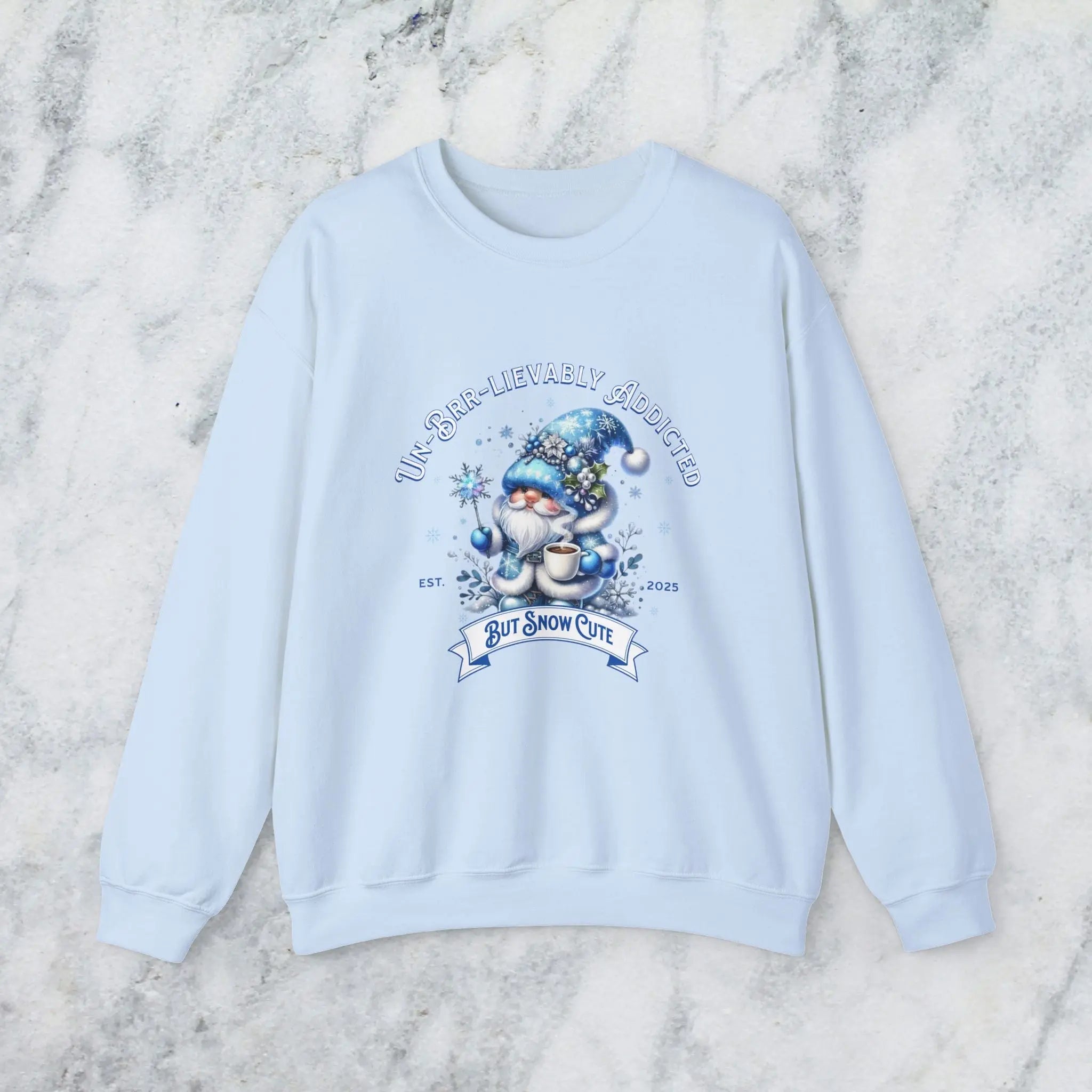 Unbrr-lievalby Addicted Sweatshirt - cute gnome with magic wand holding coffee winter shirt Printify