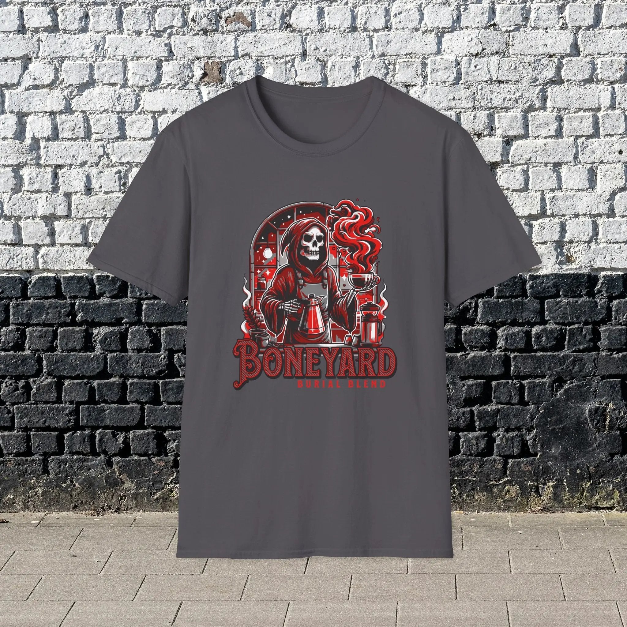 Boneyard Burial Blend T-Shirt – Gothic Coffee Lover Tee for Men, Grim Reaper Espresso Design, Dark Humor Caffeine Gift Shirt Printify