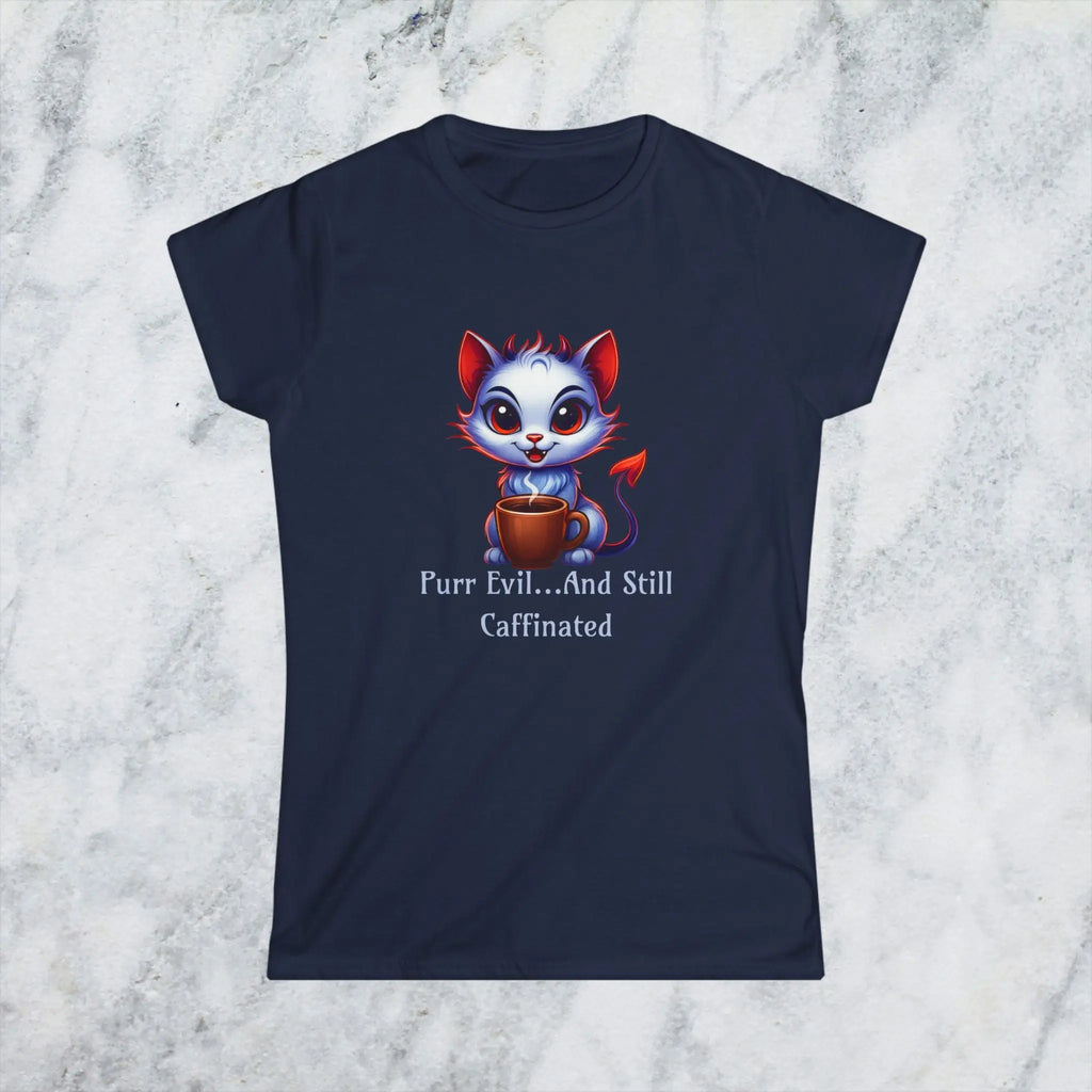 Purr Evil T-Shirt - “Purr Evil and Still Caffeinated” Printify