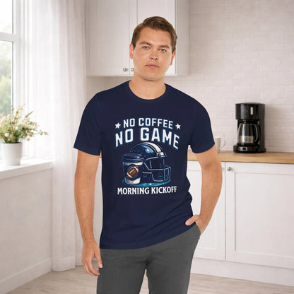 No Coffee No Game Football Tee — "Morning Kickoff" Helmet Graphic Shirt Printify