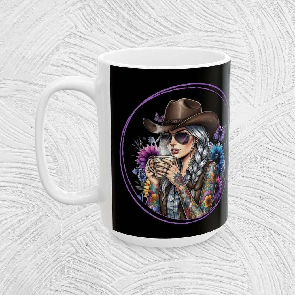 Cowgirl Flower Coffee Mug — 15oz flower butterfly tattoo woman cup Printify
