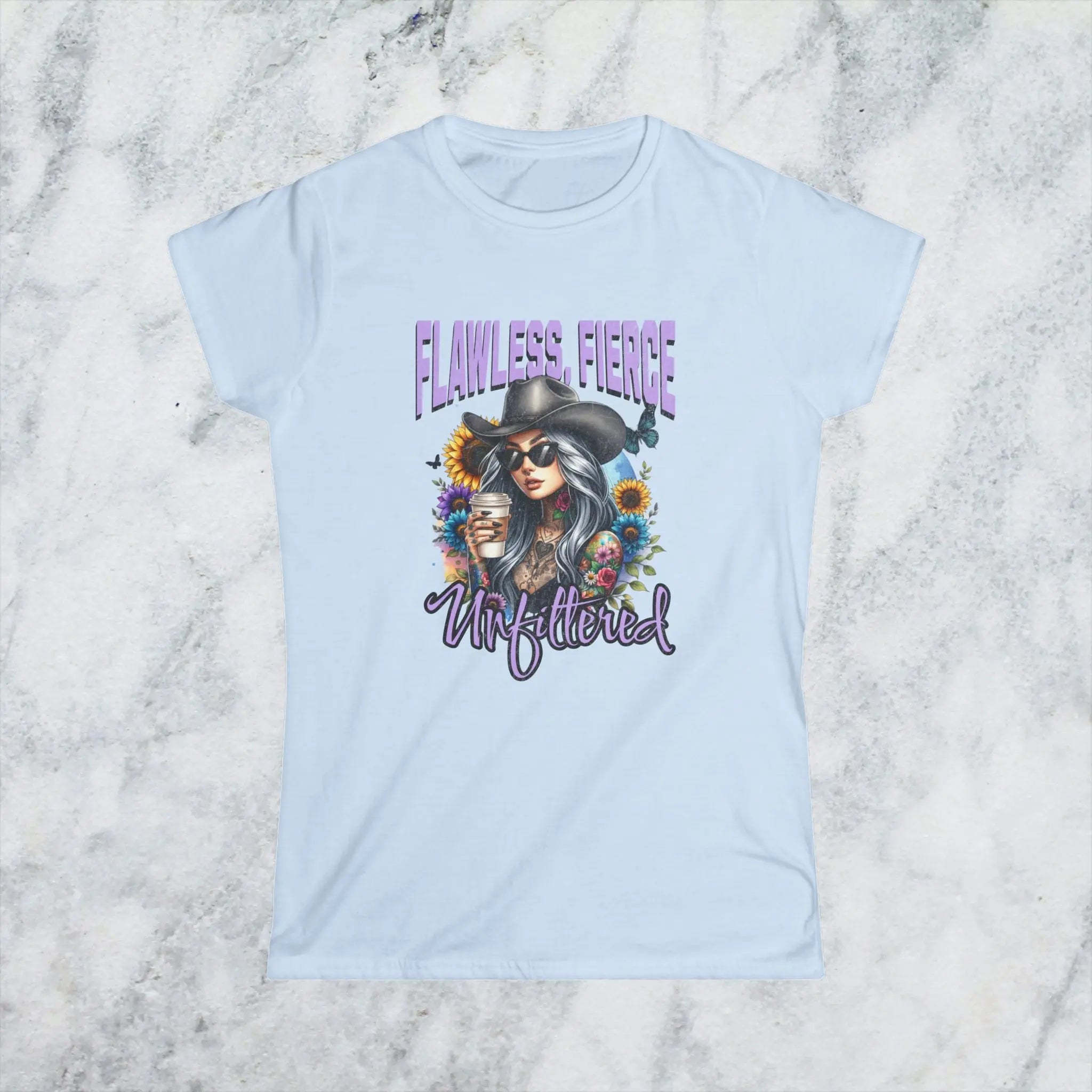 Unfiltered T-shirt - Sassy woman with cowboy hat and coffee surrounded by sunflowers Printify