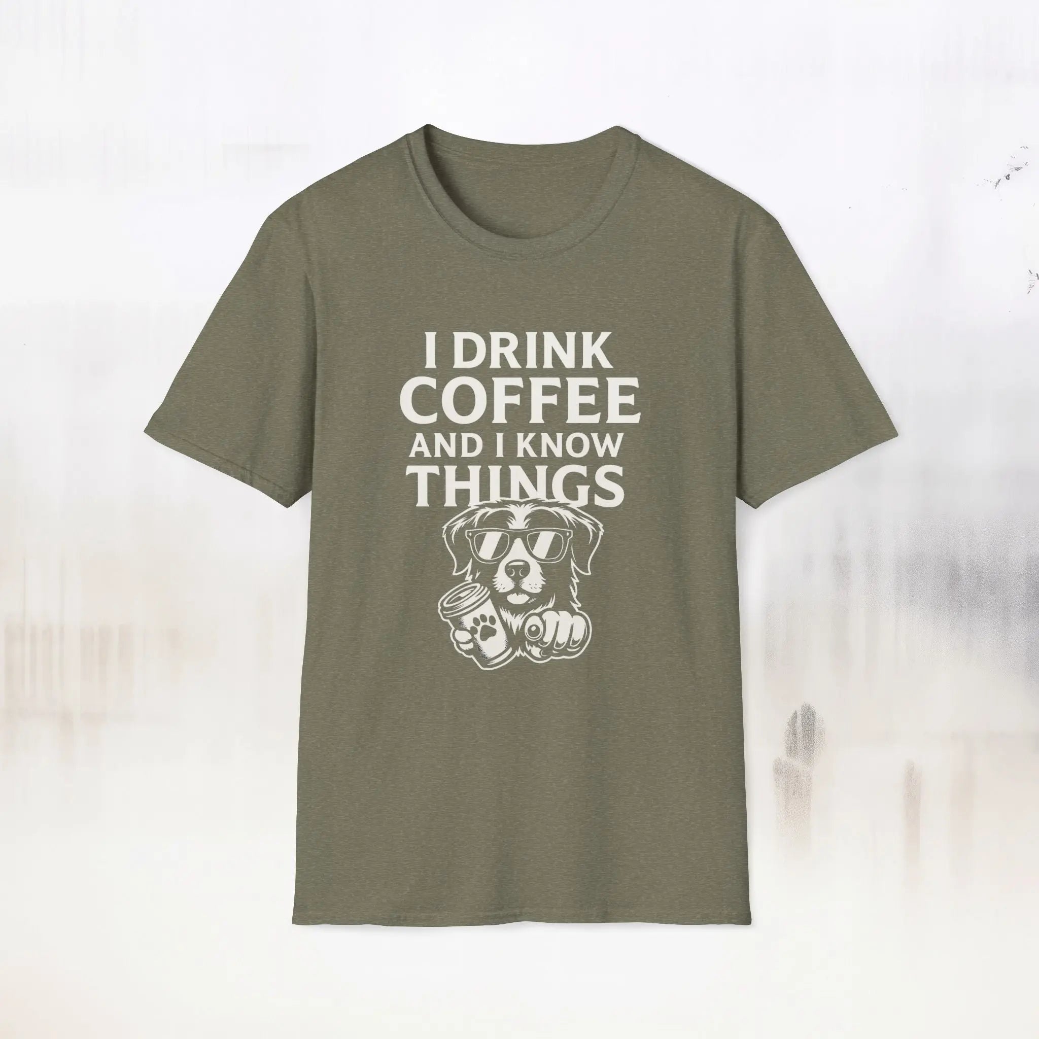 Coffee Loving Dog T-Shirt — "I Drink Coffee and I Know Things" Printify