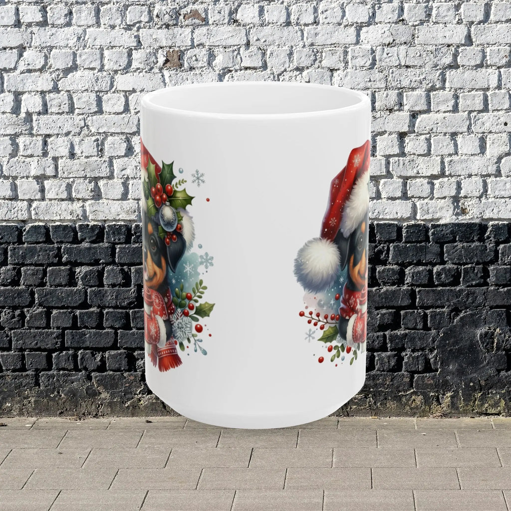 Christmas Rottweiler Puppy Coffee Mug — Cute Santa Hat Dog Ceramic Mug (15oz) Printify