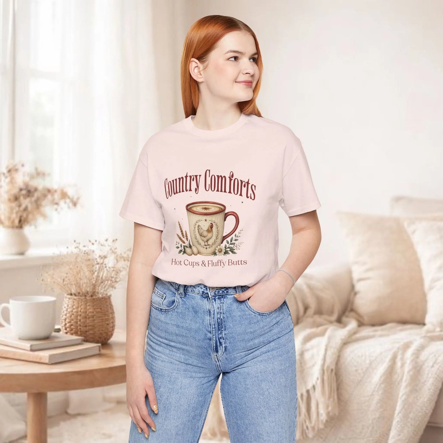 Country Comforts Tee – "Hot Cups & Fluffy Butts" Rustic Farmhouse Coffee Shirt Printify