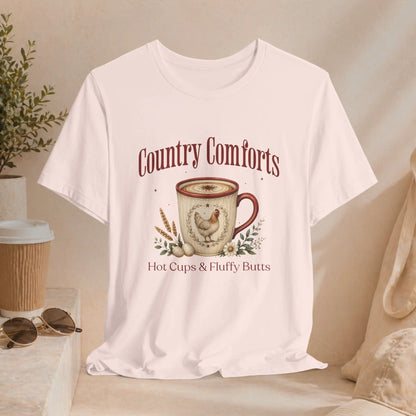Country Comforts Tee – "Hot Cups & Fluffy Butts" Rustic Farmhouse Coffee Shirt Printify