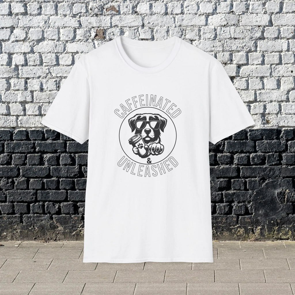 Caffeinated & Unleashed T-Shirt — Funny Coffee Lover Puppy Tee Printify