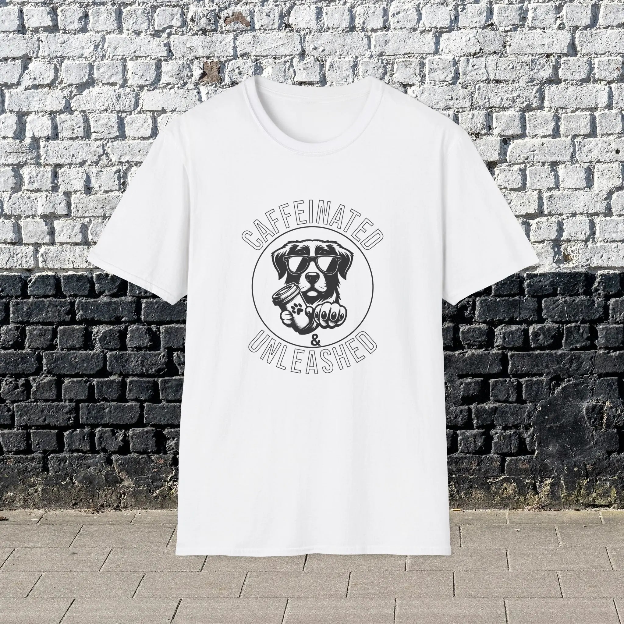 Caffeinated & Unleashed T-Shirt — Funny Coffee Lover Puppy Tee Printify