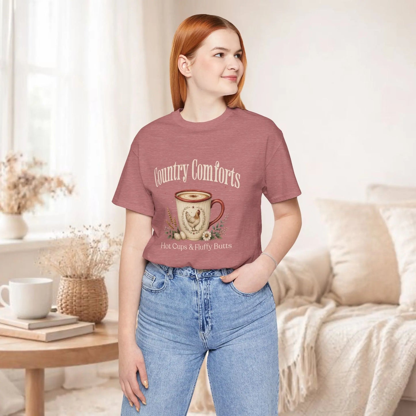 Country Comforts Tee – "Hot Cups & Fluffy Butts" Rustic Farmhouse Coffee Shirt Printify