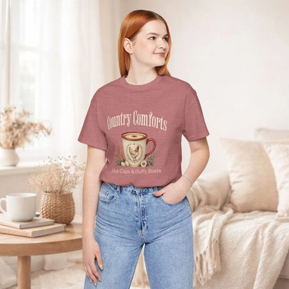 Country Comforts Tee – "Hot Cups & Fluffy Butts" Rustic Farmhouse Coffee Shirt Printify