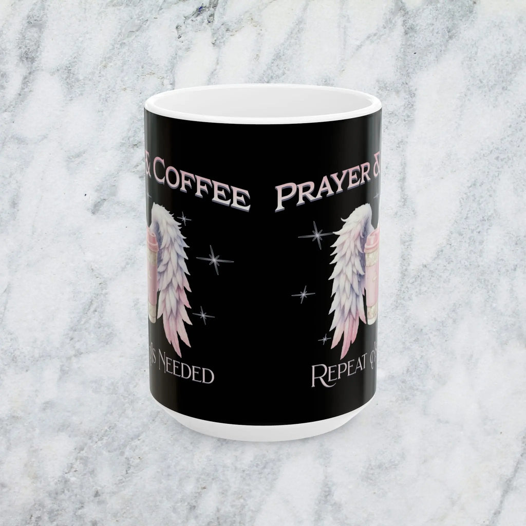 Prayer & Coffee Mug, Angel Wings Design, Gift for Coffee Lovers, Spiritual Decor, Inspirational Mug, Unique Kitchenware Printify
