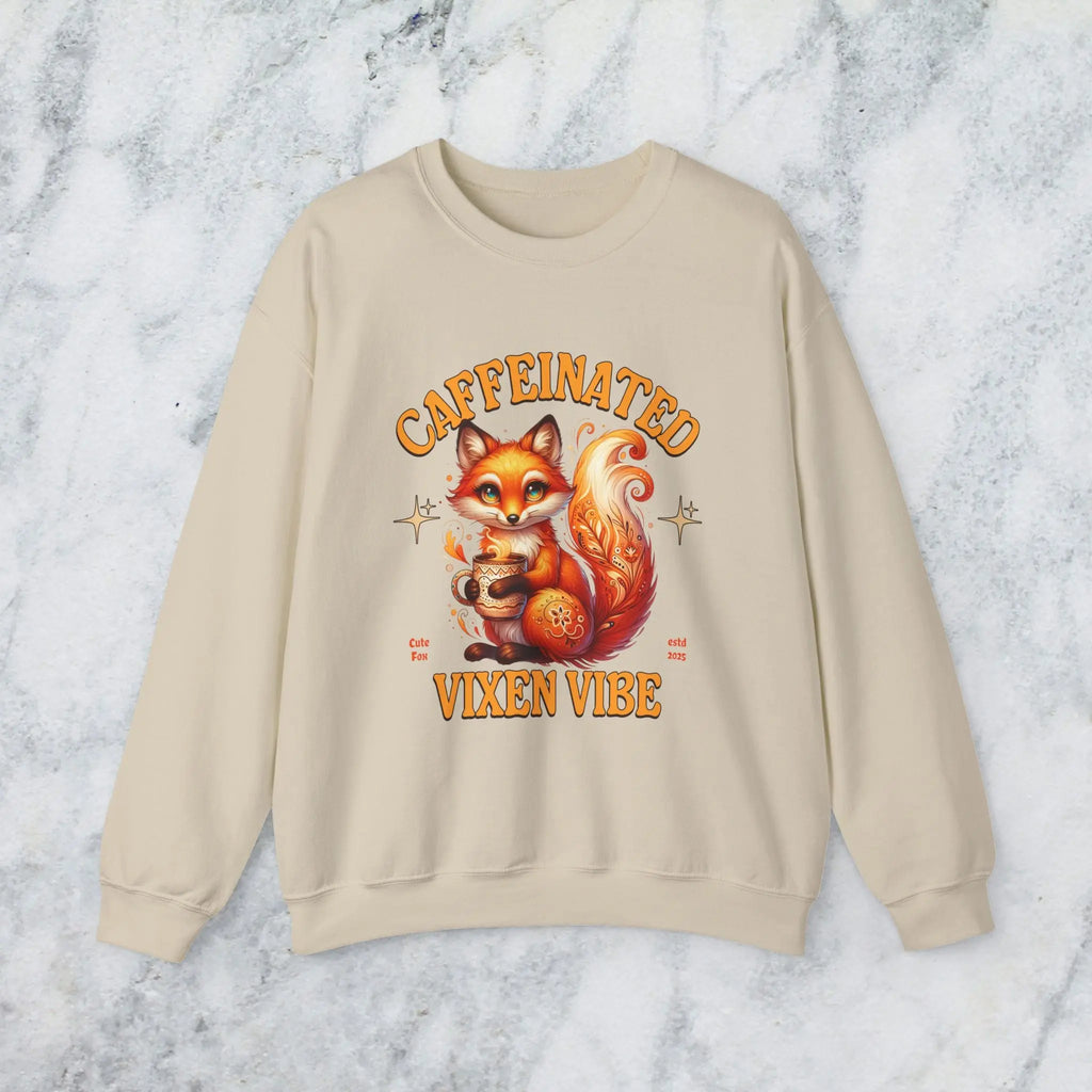 Caffeinated Vixen Vibe Sweatshirt, Cozy Unisex Crewneck for Coffee Lovers, Gift for Birthdays, Fall Fashion, Cute Animal Sweater Printify