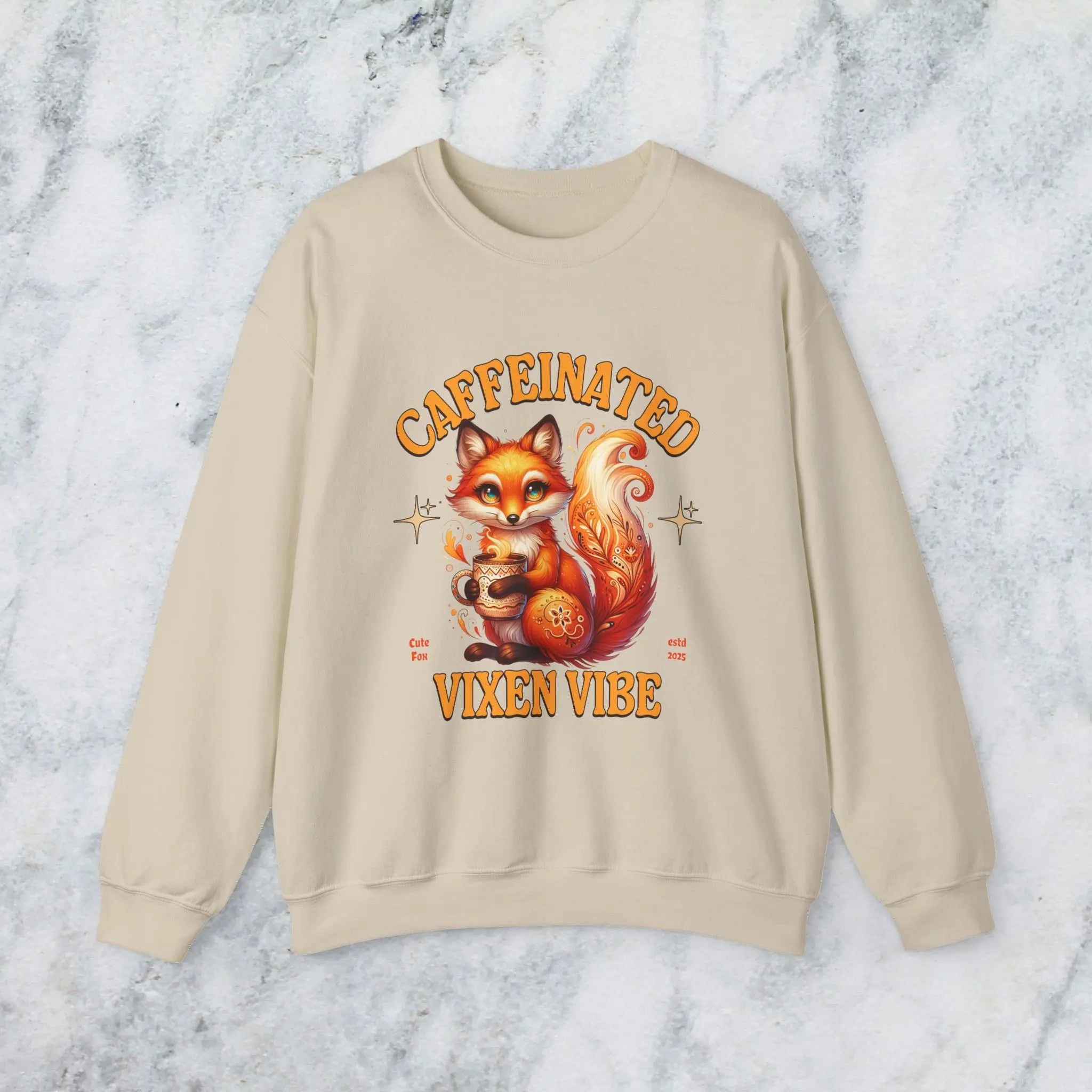 Caffeinated Vixen Vibe Sweatshirt, Cozy Unisex Crewneck for Coffee Lovers, Gift for Birthdays, Fall Fashion, Cute Animal Sweater Printify