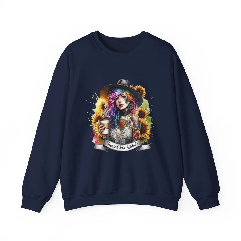 Brewed for Attitude Sunflower Sweatshirt, Cozy Unisex Crewneck, Gifts for Her, Trendy Fall Apparel, Tattoo Art Fashion Printify