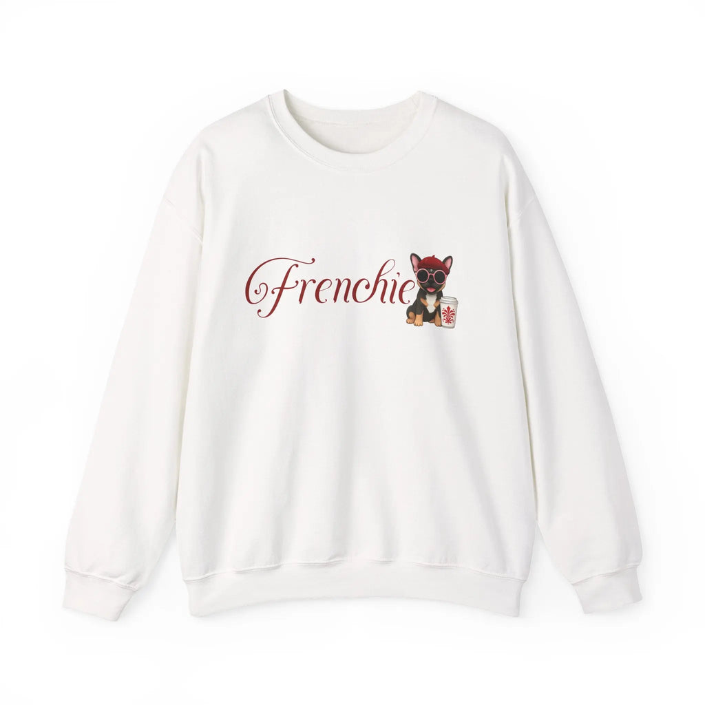 Frenchie Coffee Crewneck — Cute French Bulldog in Beret & Sunglasses Printify