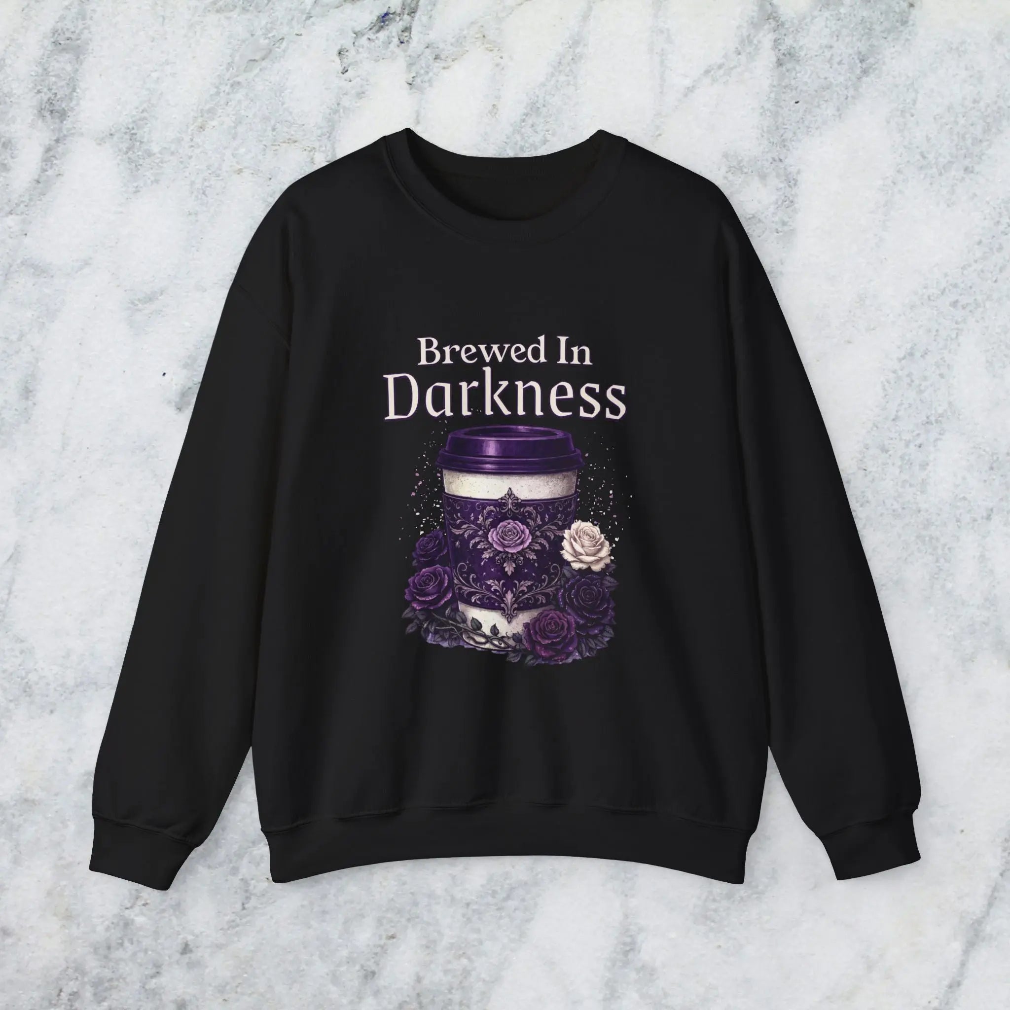 Brewed in Darkness Sweatshirt — Gothic Coffee Cup Graphic Printify