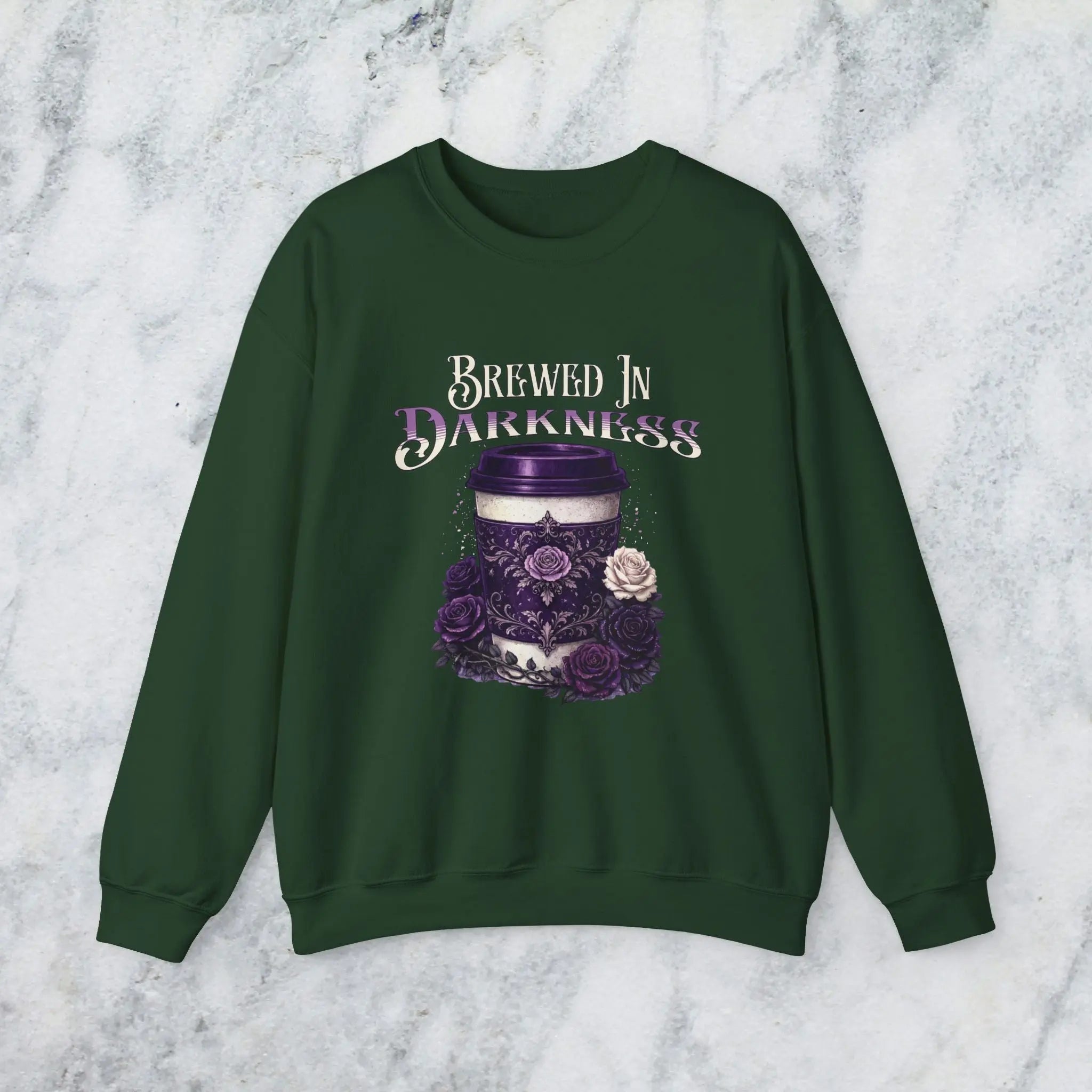 Brewed in Darkness Sweatshirt — Gothic Coffee Cup Graphic Printify