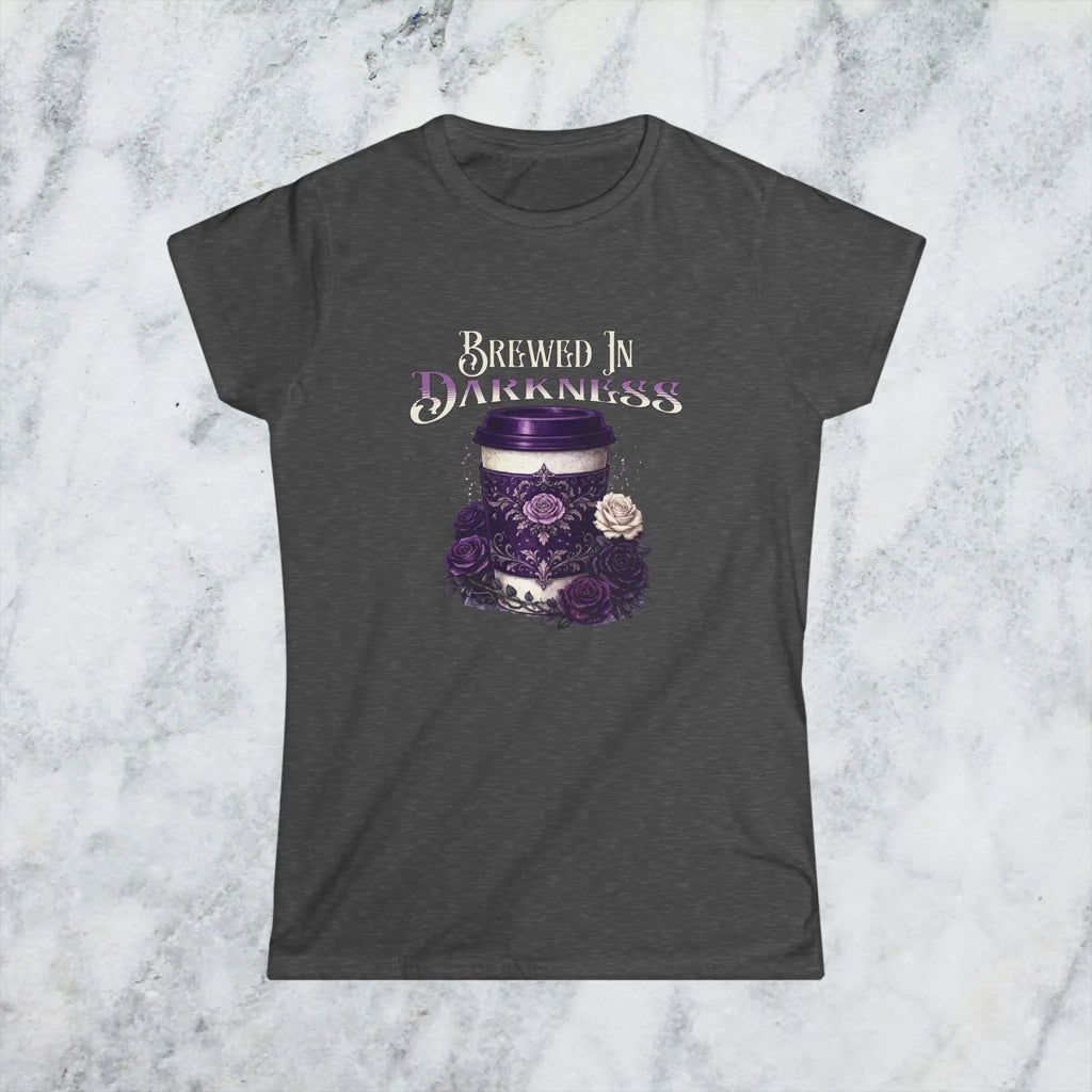Brewed In Darkness Tee — Gothic Coffee Cup Floral Design Printify