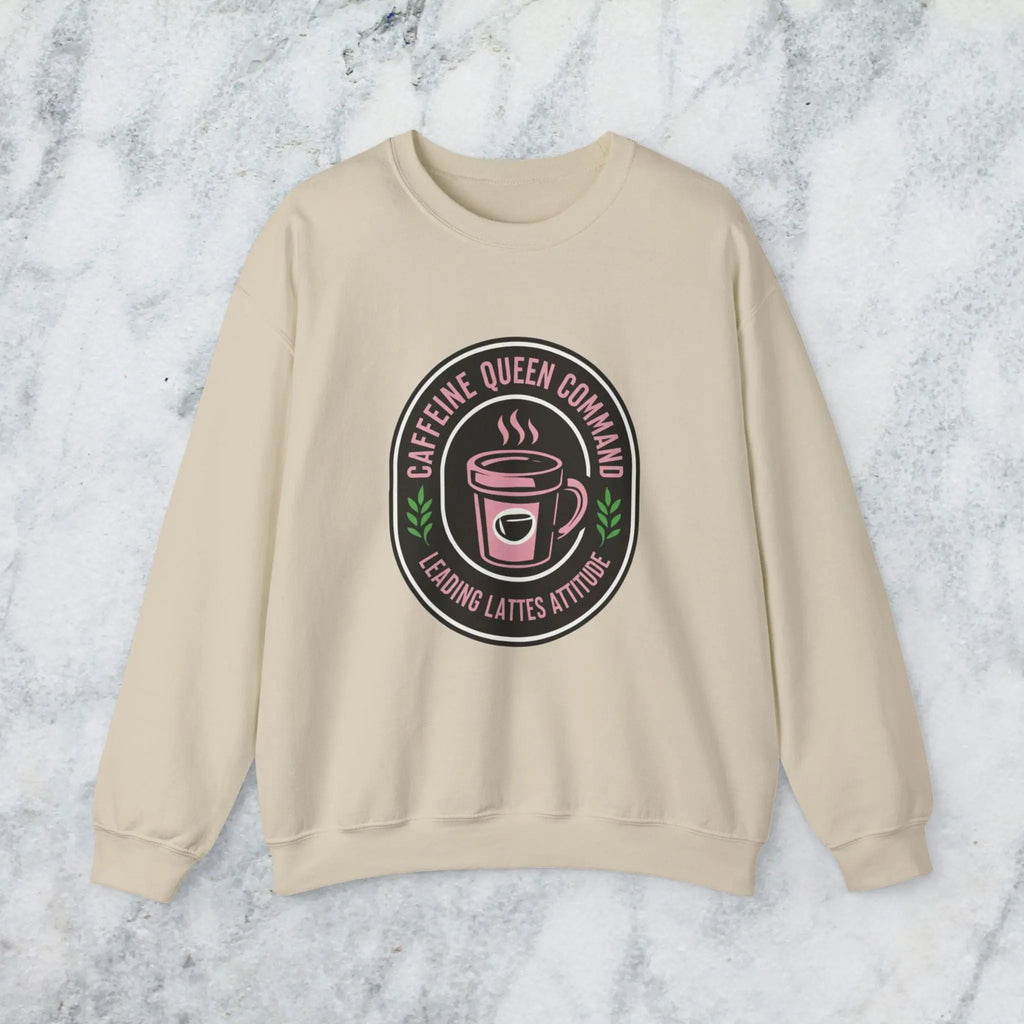 Coffee Crewneck Sweatshirt — "Caffeine Queen Command" Latte Lovers Pullover Printify