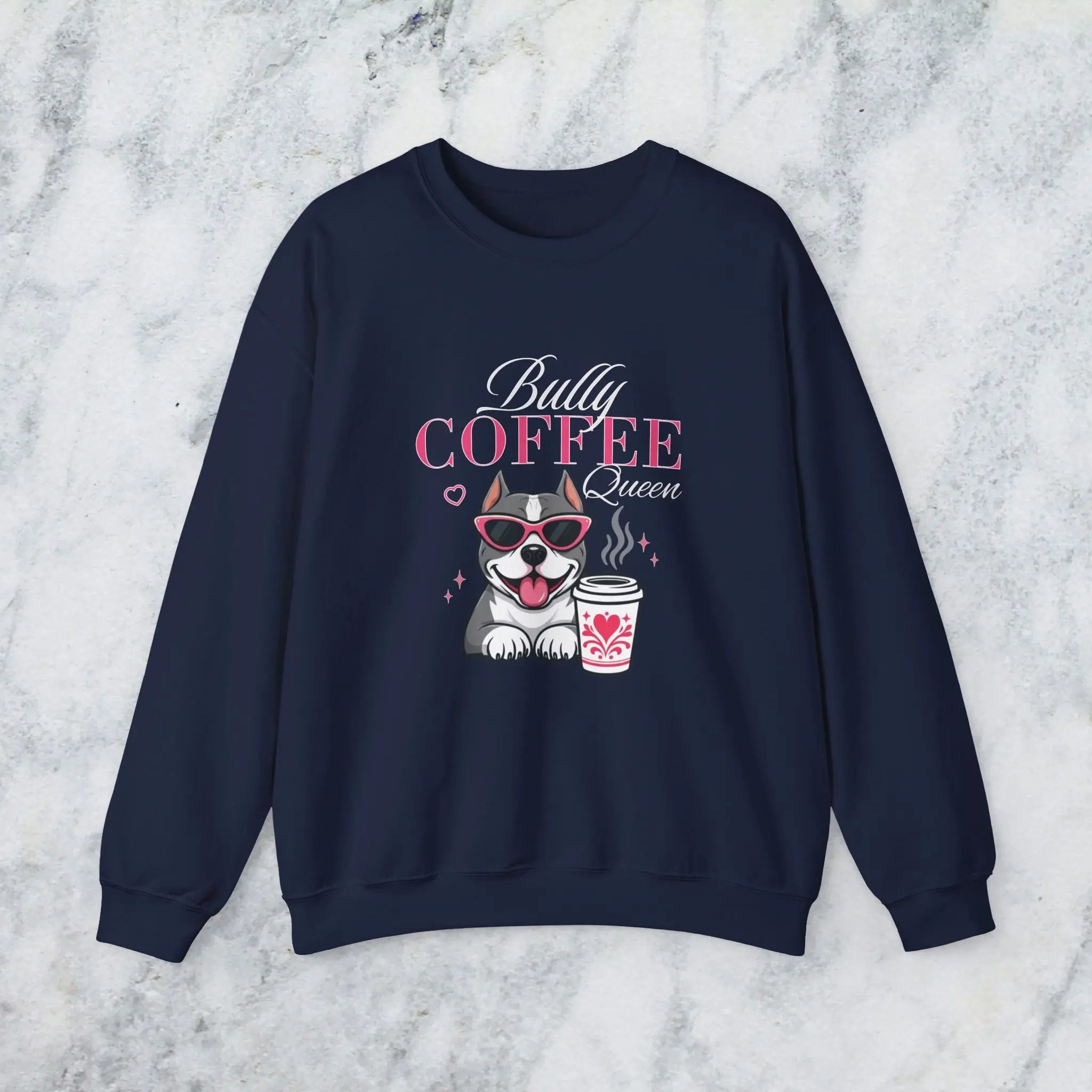 Bully Coffee Queen Sweatshirt — Pitbull with Coffee & Pink Shades Printify