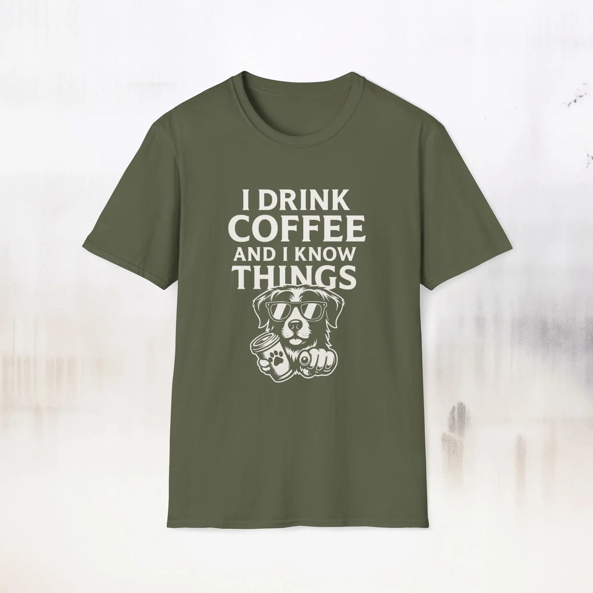 Coffee Loving Dog T-Shirt — "I Drink Coffee and I Know Things" Printify