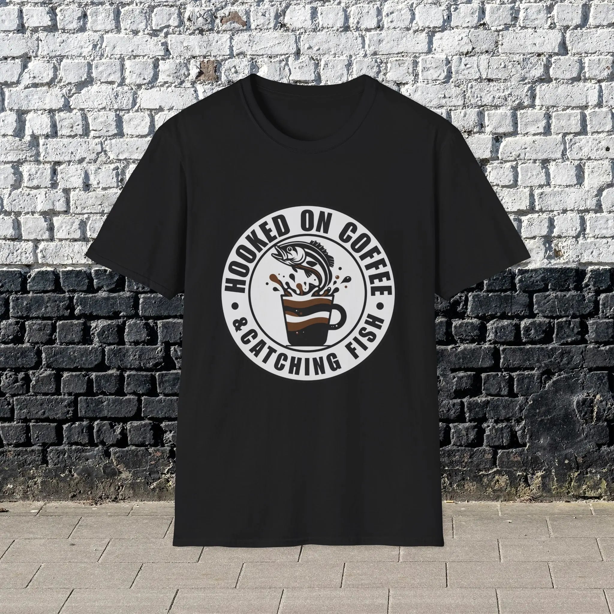 Hooked on Coffee & Catching Fish T‑Shirt – Fishing & Coffee Lover Tee Printify