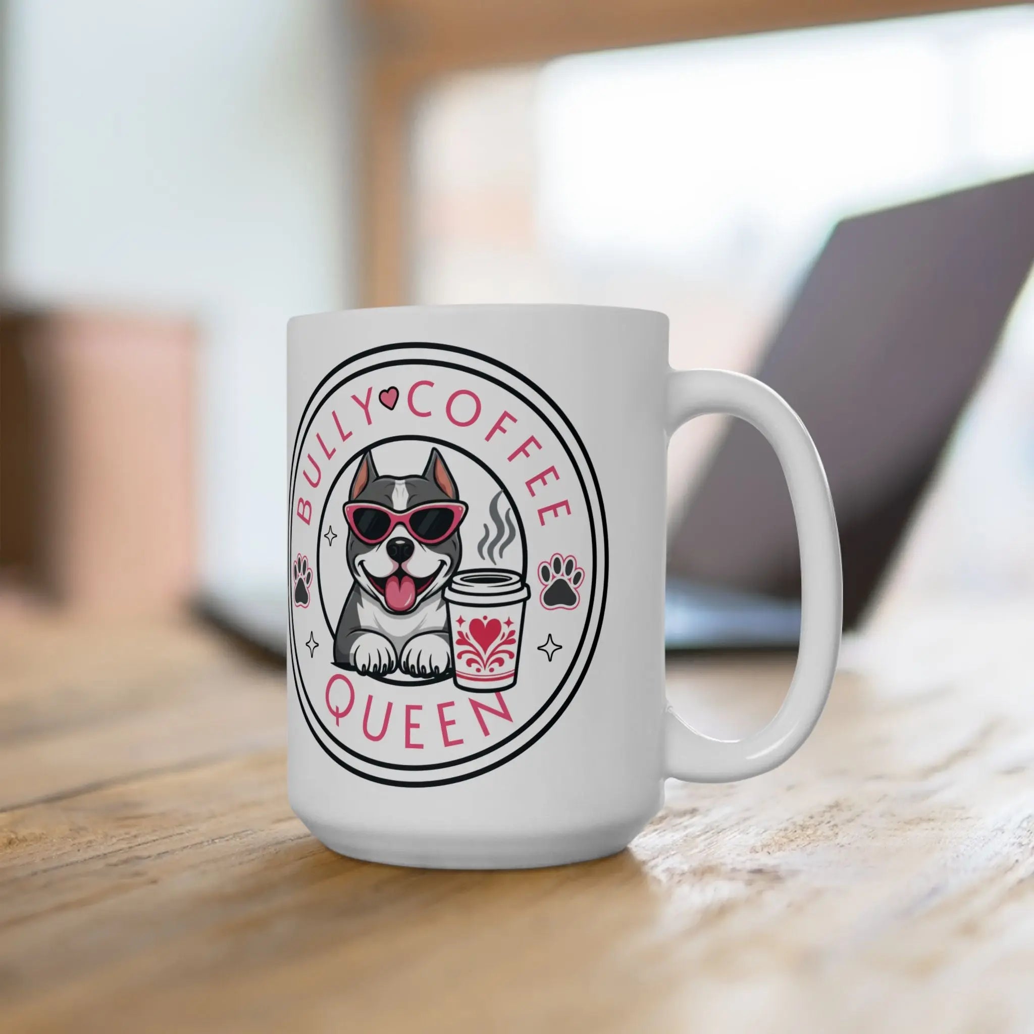 Bully Queen Coffee Mug – “Bully Coffee Queen” Cute Bully with Coffee Ceramic Cup (15oz) Printify