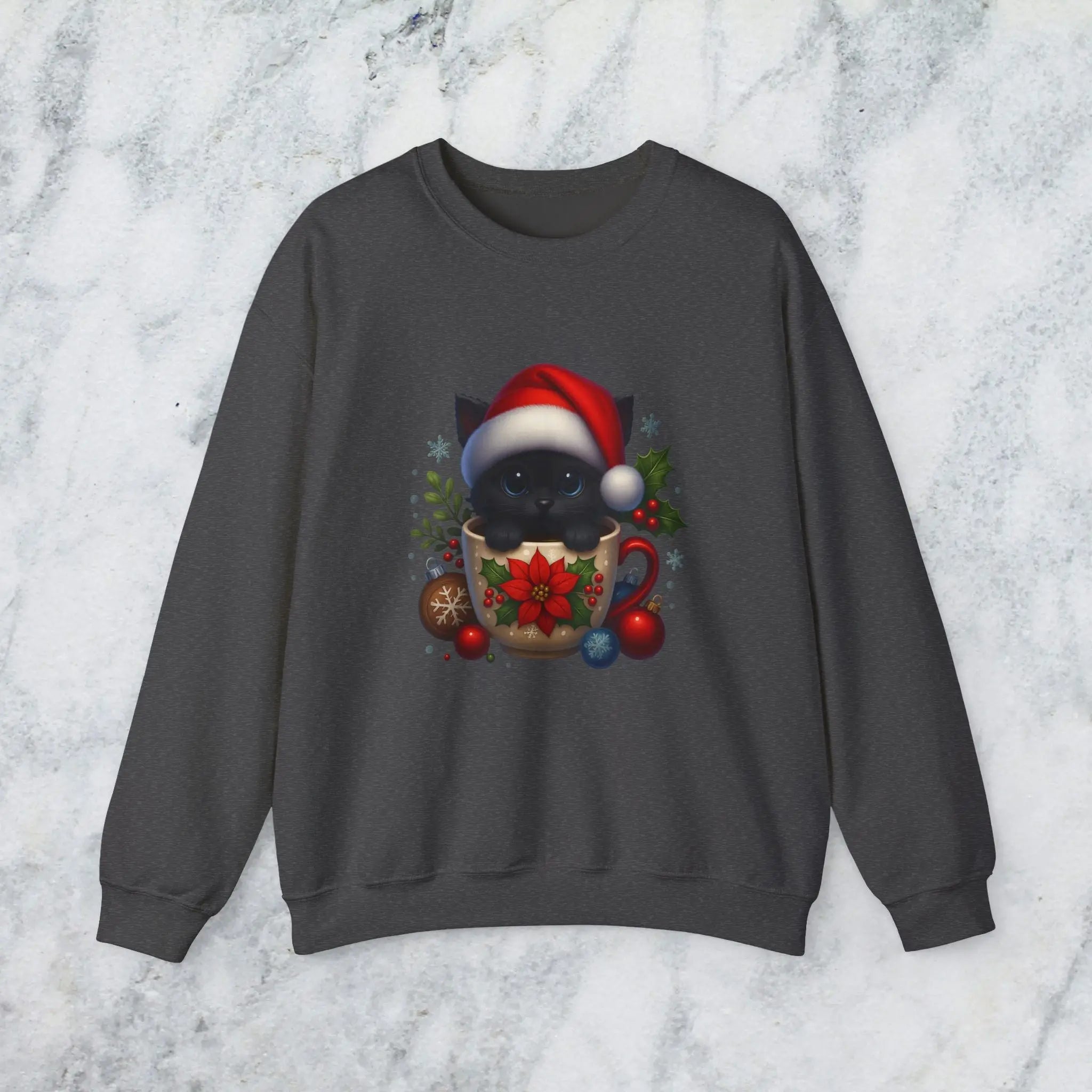 Christmas Kitten Coffee Cup Sweatshirt — Cute Black Cat in Santa Hat Holiday Crewneck Printify