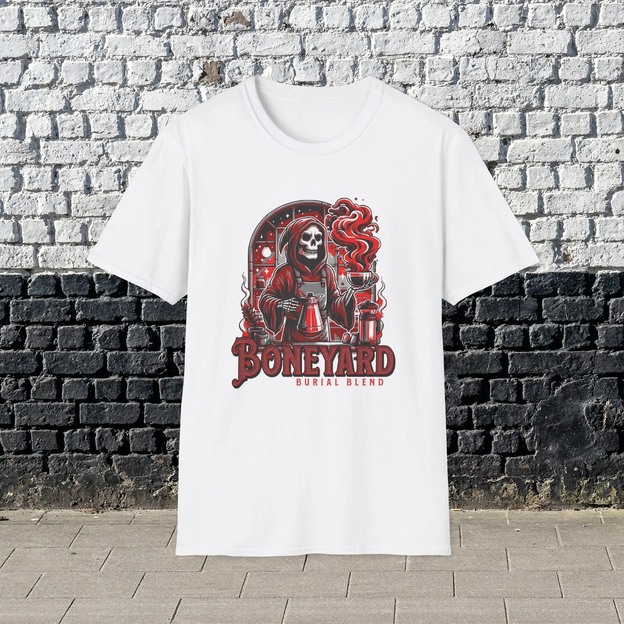 Boneyard Burial Blend T-Shirt – Gothic Coffee Lover Tee for Men, Grim Reaper Espresso Design, Dark Humor Caffeine Gift Shirt Printify