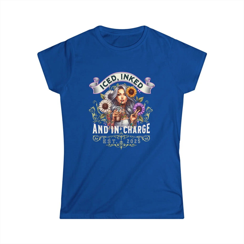 Iced, Inked, In Charge T-Shirt – Tattooed Woman with Iced Coffee & Sunflowers Printify