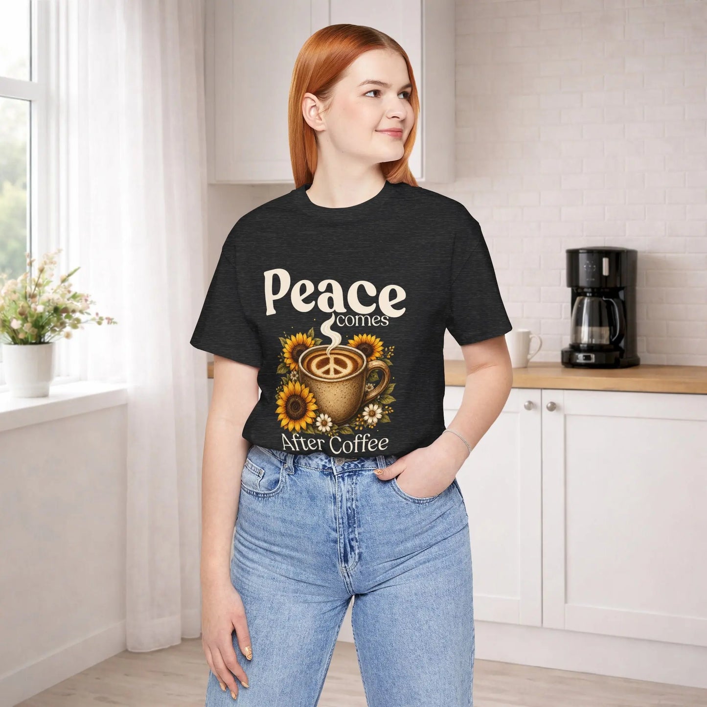 Peace Comes After Coffee Tee — Sunflower Coffee Lover T-Shirt Printify