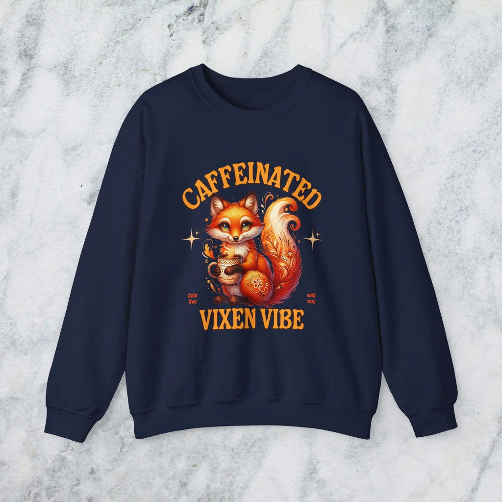 Caffeinated Vixen Vibe Sweatshirt, Cozy Unisex Crewneck for Coffee Lovers, Gift for Birthdays, Fall Fashion, Cute Animal Sweater Printify