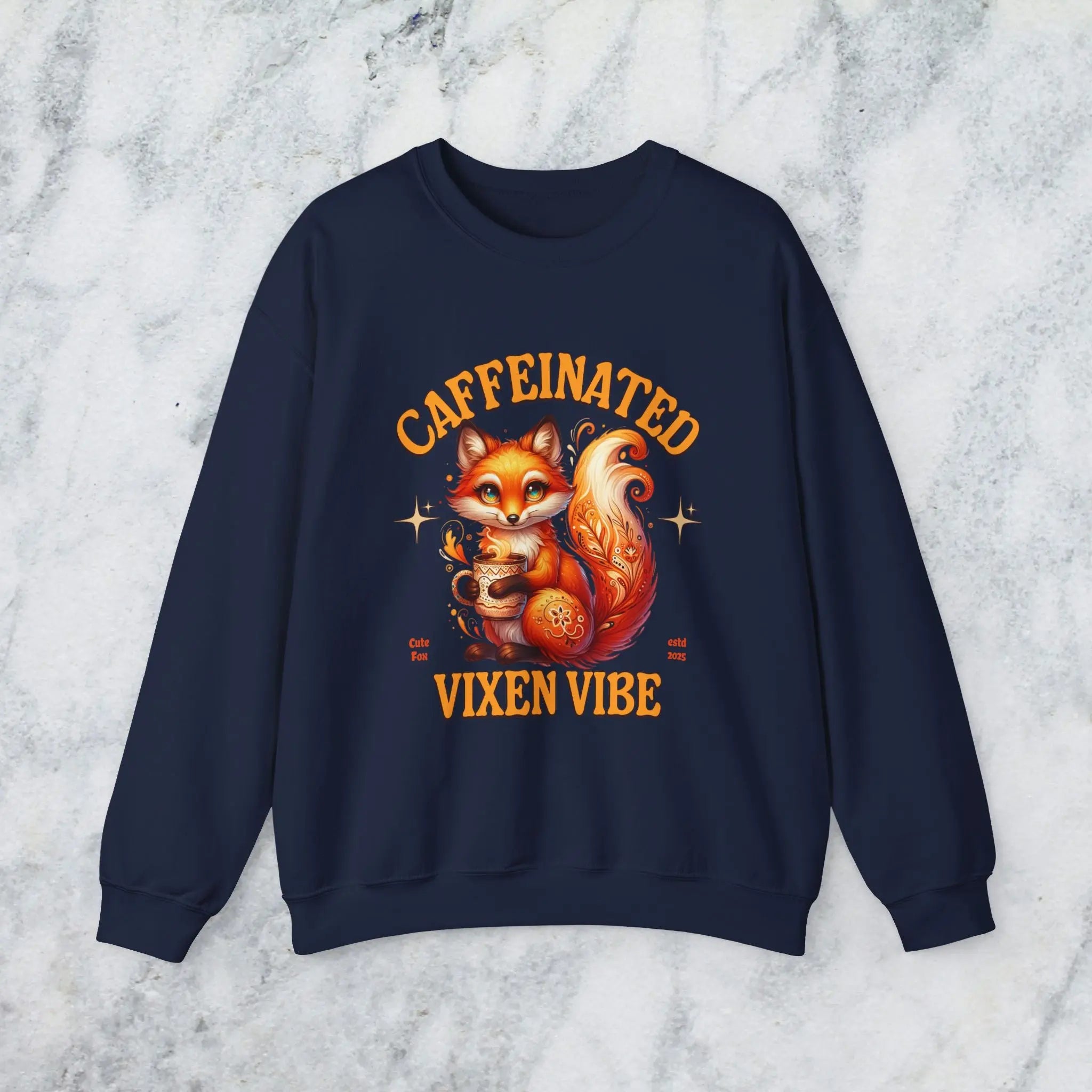 Caffeinated Vixen Vibe Sweatshirt, Cozy Unisex Crewneck for Coffee Lovers, Gift for Birthdays, Fall Fashion, Cute Animal Sweater Printify