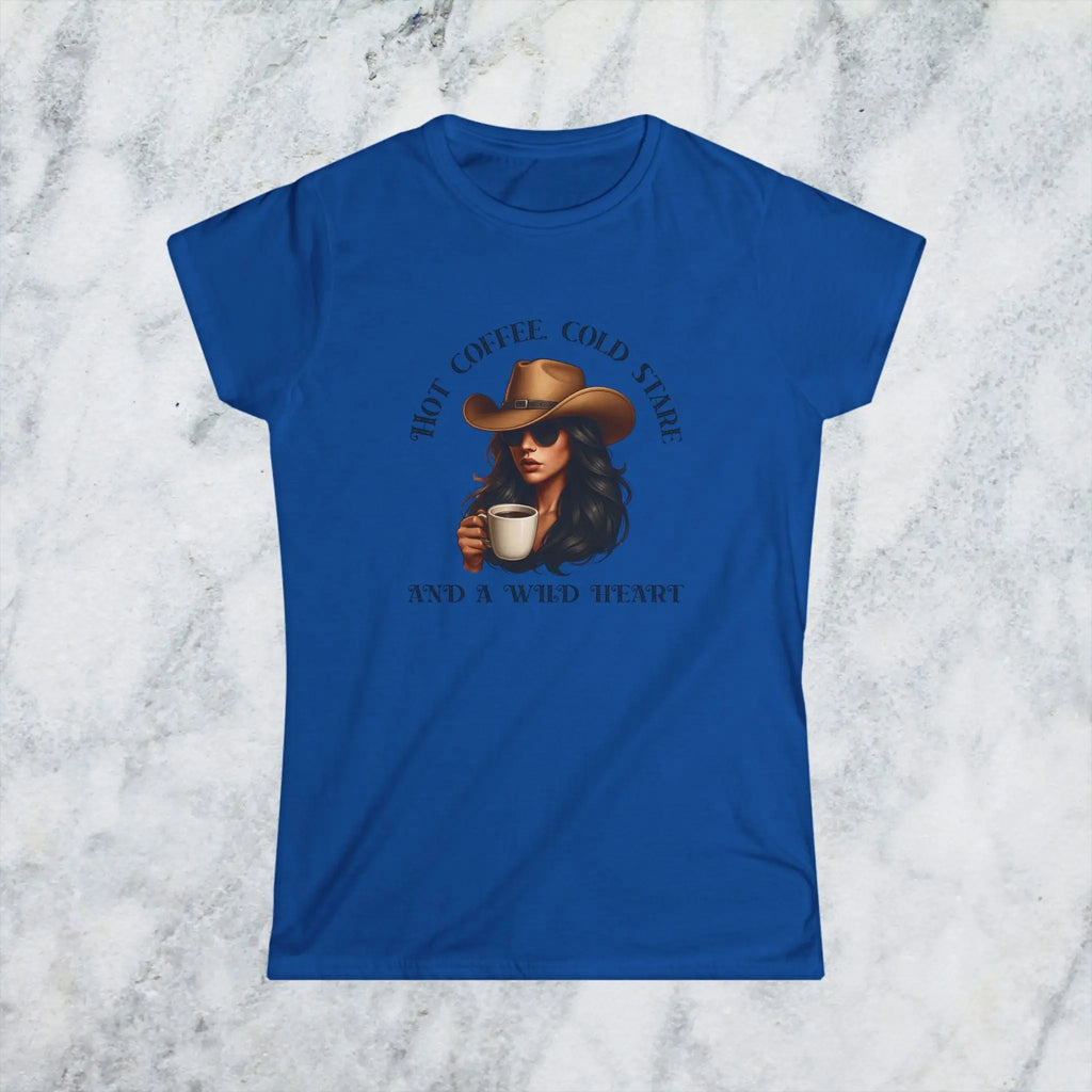 Hot Coffee Cold Stare and a Wild Heart Shirt – Western Cowgirl Coffee Lover Tee, Country Girl Graphic Shirt, Sassy Rodeo Gift Printify