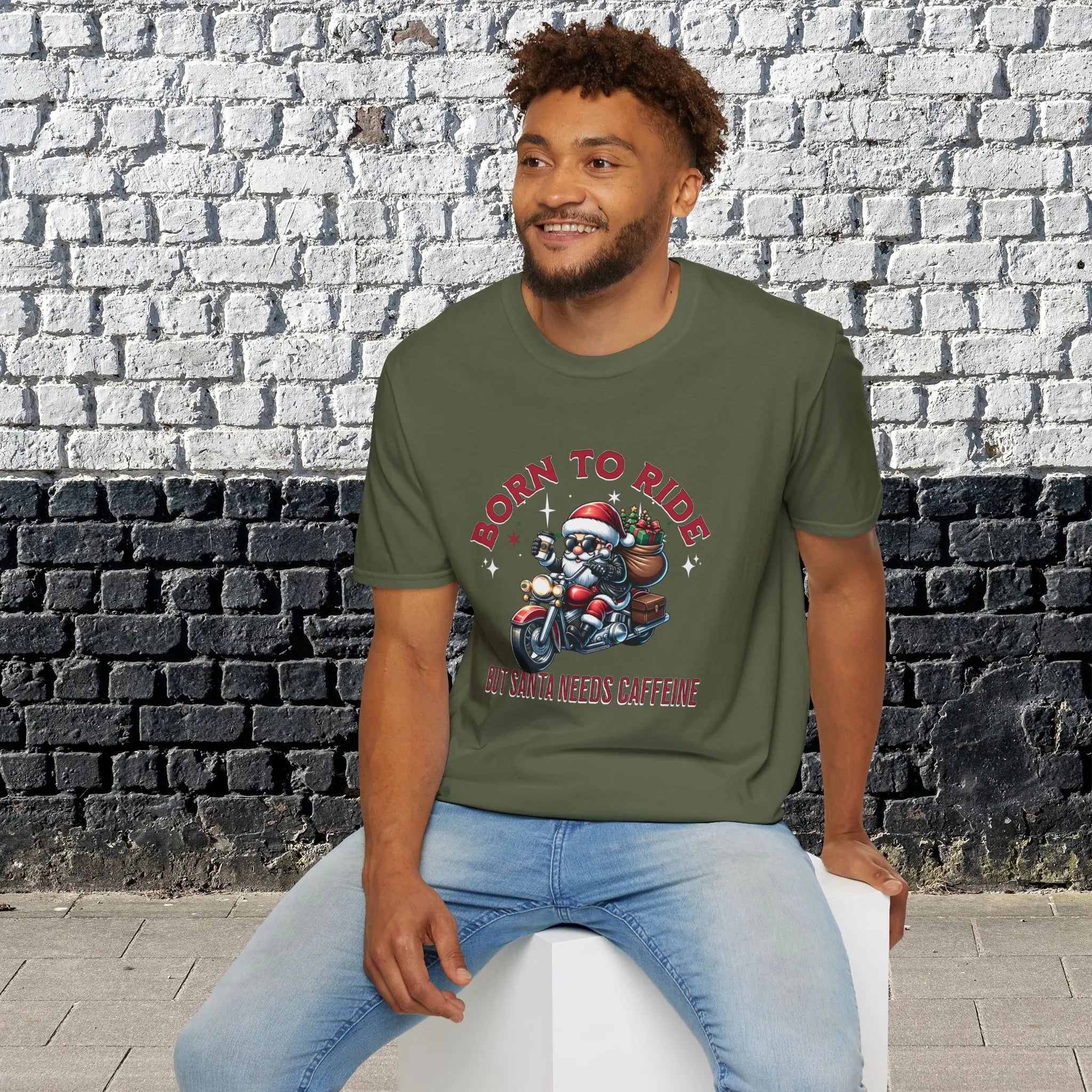 Santa Riding Motorcycle T-Shirt — "Born to Ride but Santa Needs Caffeine" Holiday Tee Printify
