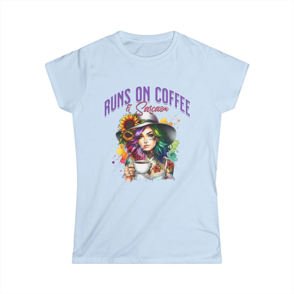 Runs on Coffee and Sarcasm T-shirt- Handmade Gift for Women, Casualwear, Coffee Addict Shirt, Fun Graphic Tee, Unique Gift Idea Printify