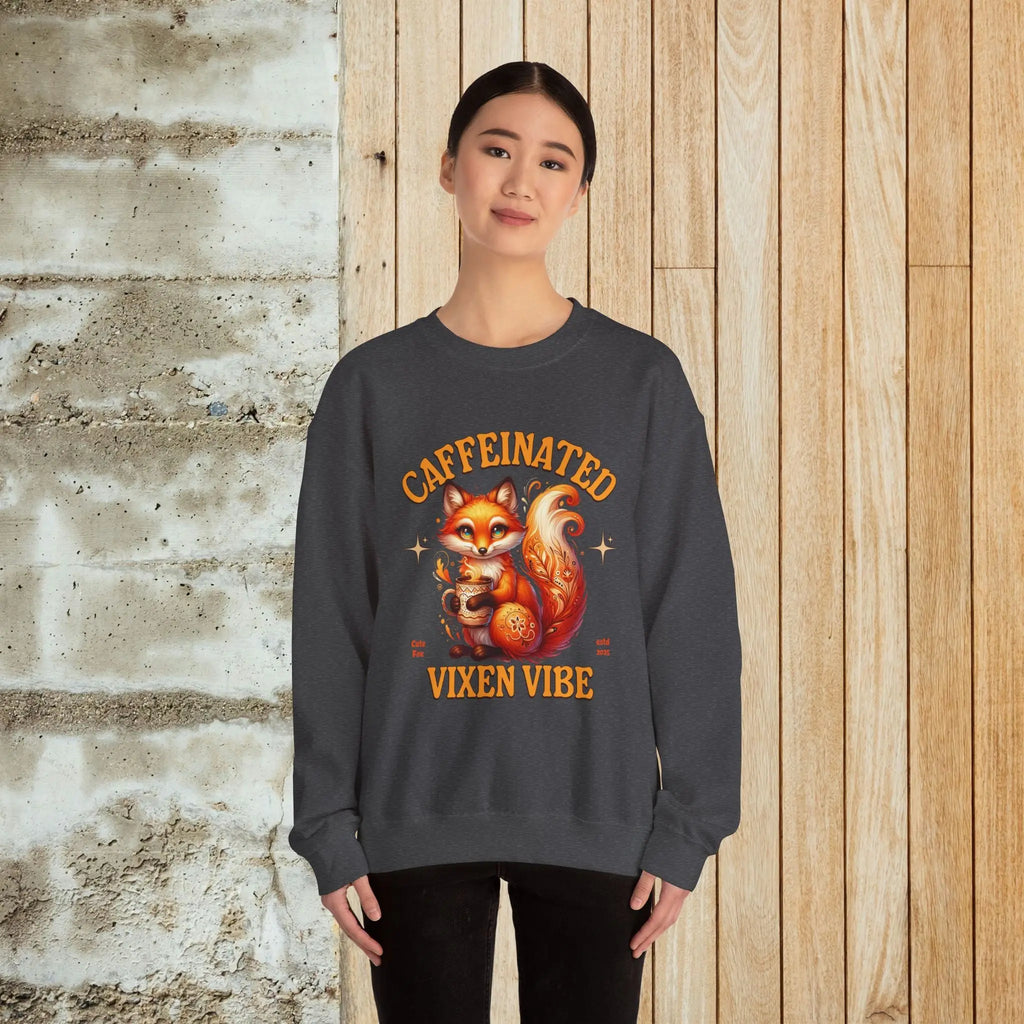 Caffeinated Vixen Vibe Sweatshirt, Cozy Unisex Crewneck for Coffee Lovers, Gift for Birthdays, Fall Fashion, Cute Animal Sweater Printify