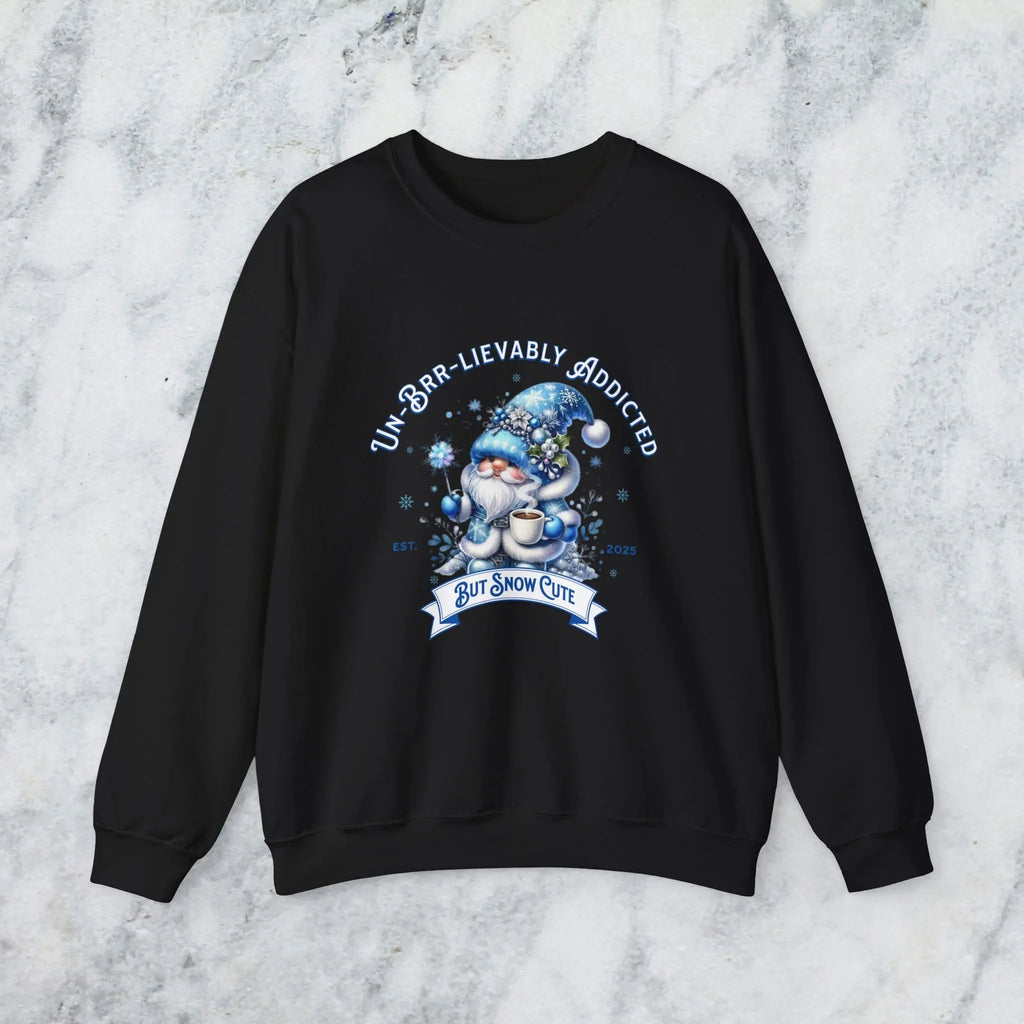 Unbrr-lievalby Addicted Sweatshirt - cute gnome with magic wand holding coffee winter shirt Printify
