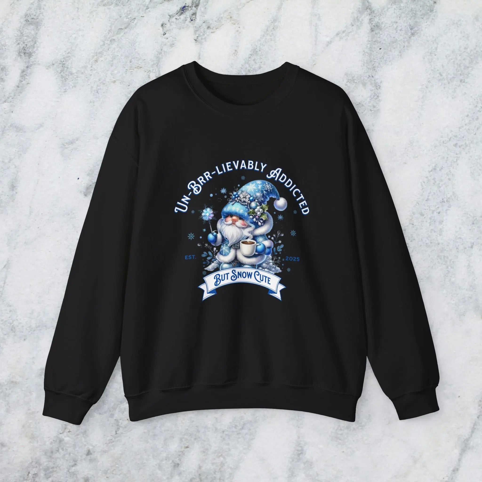 Unbrr-lievalby Addicted Sweatshirt - cute gnome with magic wand holding coffee winter shirt Printify