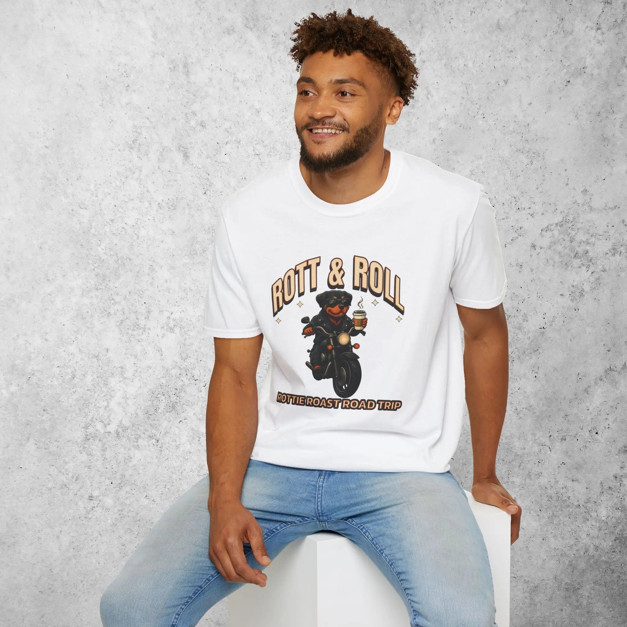 Rott & Roll T-Shirt — 'Rottie Roast Road Trip' Motorcycle Dog Graphic Tee Printify