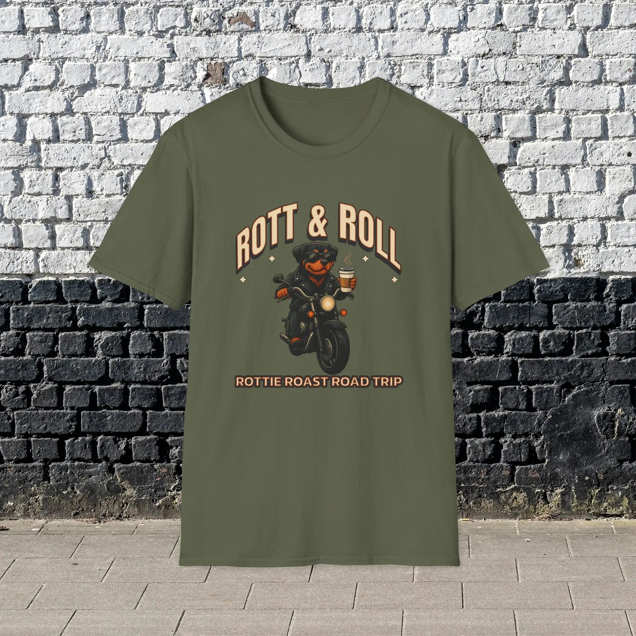 Rott & Roll T-Shirt — 'Rottie Roast Road Trip' Motorcycle Dog Graphic Tee Printify